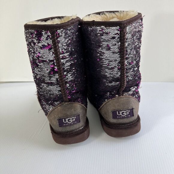 UGG Boots Size 7 Stellar Sequin Reversible Purple Silver Short Classic - Picture 4 of 9